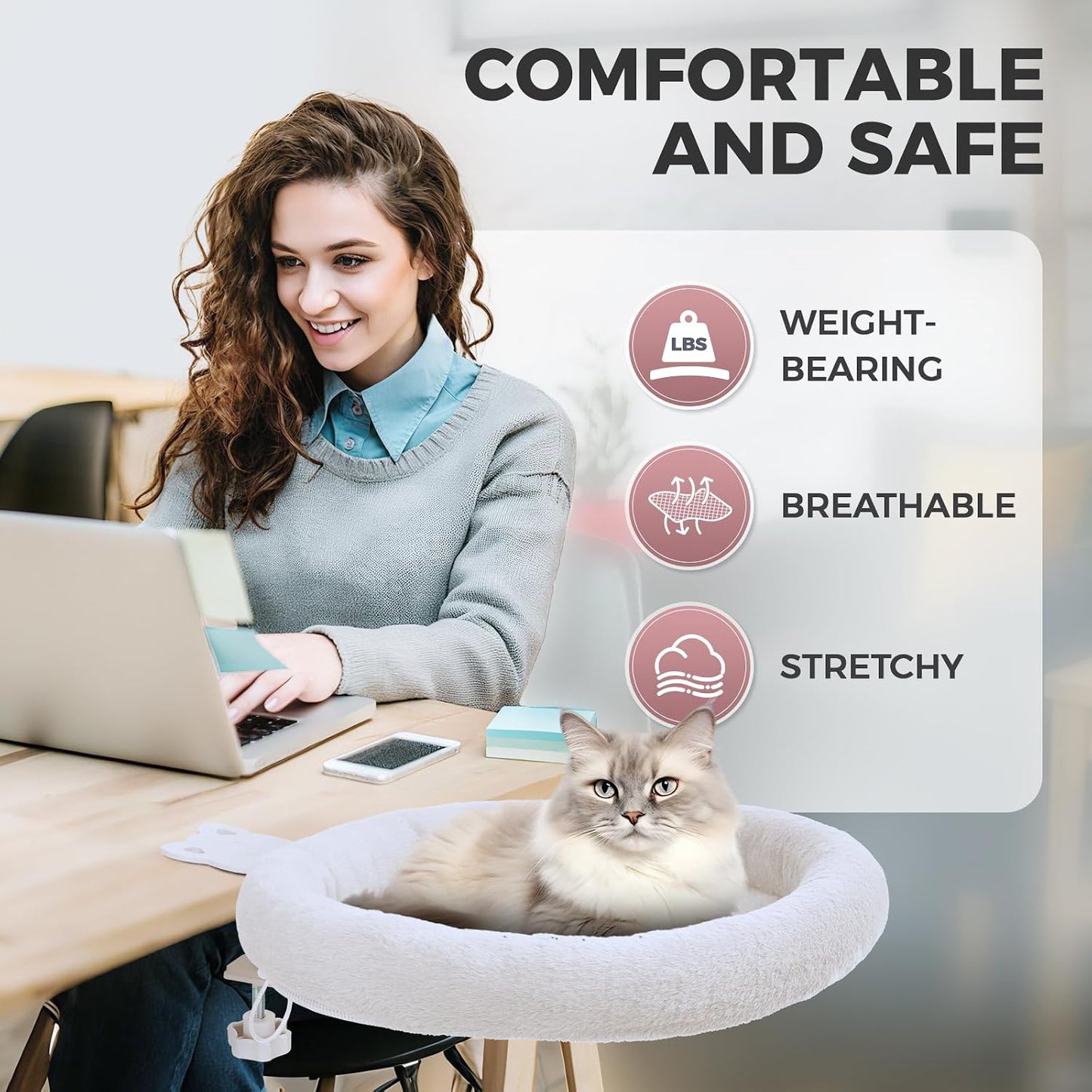 Cat Desk Bed,Steel Cat Bed for Desk,Easy to Assemble,Machine Washable and Detachable Easy to Clean,180° Rotating Cats Hammock Desks for Office Game Tables,Supports to 40Lbs(White)